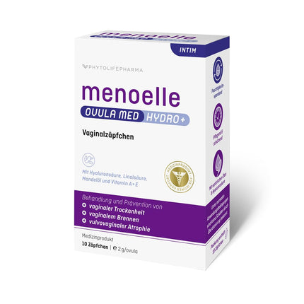 menoelle® OVULA med Hydro+ for the treatment of vaginal dryness, burning, itching, tightness, and irritated or inflamed vaginal mucosa – hormone-free &amp; regenerating. 10 suppositories.