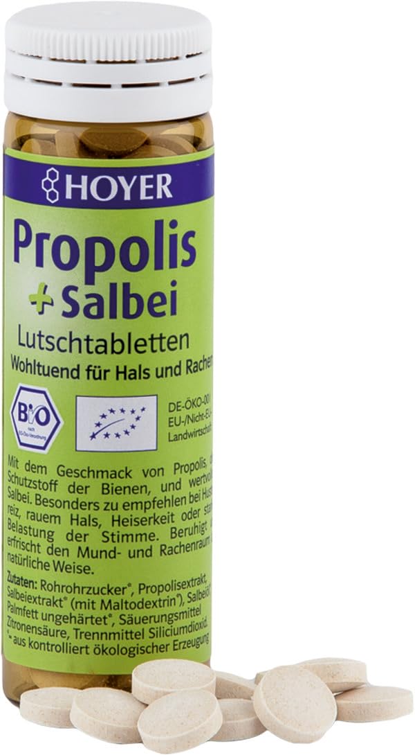 Hoyer Propolis &amp; Sage Lozenges Organic - Soothing for coughs and hoarseness - With propolis extract and sage extract - 60 lozenges (1 x 30 g)