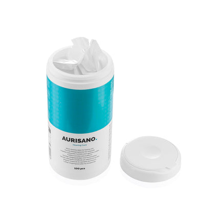 AURISANO Hearing Aid Cleaning Wipes – 100 Hearing Aid Cleaning Wipes in Dispenser Box – Earwax Remover – Hearing Aid Cleaner – Hearing Aid Accessories – for your hearing aid, hearing amplifier or hearing protection