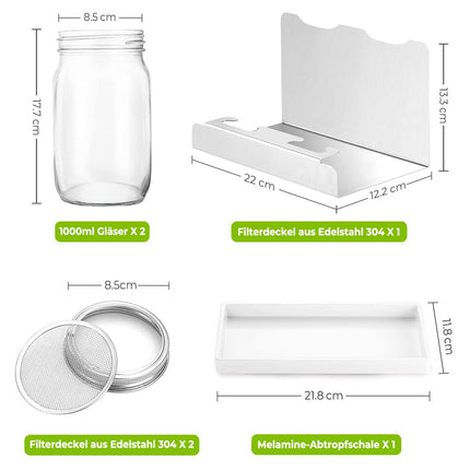 ecooe Sprouting Jar 1000ml, 2-pack Sprouting Jar Glass, sprouting jars for sprouts with 2 filter grid covers made of 304 stainless steel, 1 stand and 1 water bowl