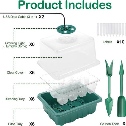 Indoor greenhouse cultivation box, 6 pieces mini greenhouse cultivation with high lid, seedling starter with timing controller (8 LEDs), trays greenhouse cultivation tray with 10 labels and 2 tools