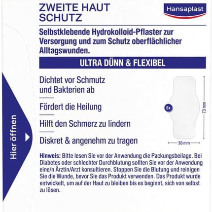 Hansaplast Plaster Second Skin Protection Regular (6 Strips), thin and flexible hydrocolloid plaster with healing capsule technology, waterproof wound plaster with extra strong hold for at least 72 hours