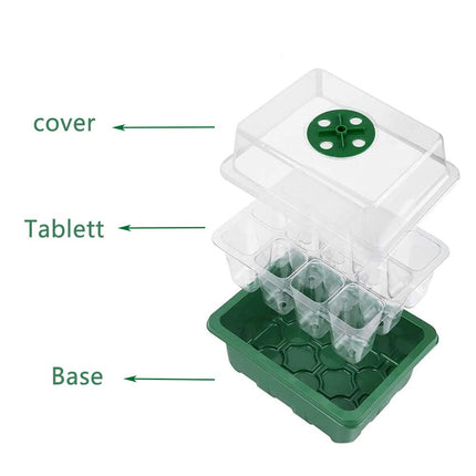 Indoor greenhouse growing box, 3 germination trays with lid, mini greenhouse growing set, seedling starter trays, greenhouse growing tray, with 2 gardening tools, 10 plant tabs green