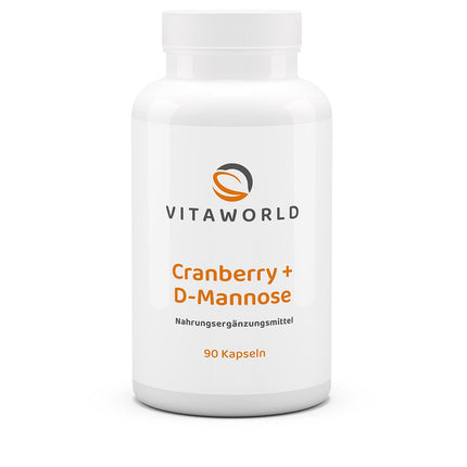vitaworld Cranberry + D-Mannose, 25% proanthocyanidins from cranberries, 500 mg D-Mannose and L-Methionine per daily intake, Vegan, 90 Capsules