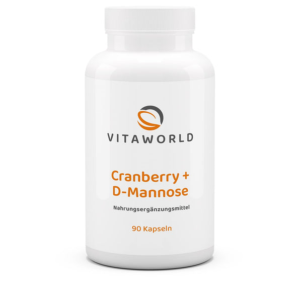 vitaworld Cranberry + D-Mannose, 25% proanthocyanidins from cranberries, 500 mg D-Mannose and L-Methionine per daily intake, Vegan, 90 Capsules