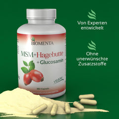 BIOMENTA MSM + Rosehip + Glucosamine – 180 allergen-free capsules with a high dose of 1,200 mg organic sulfur powder + 794 mg glucosamine sulfate + 300 mg rosehip extract per day – vegan – premium quality