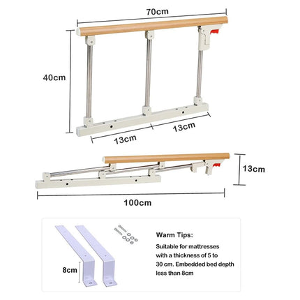 Gdmokle Bed Rail for Elderly Adults, Foldable Bed Guard Rail Safety Railing, Sturdy Metal Guard Assist Handle for Hospital Home Care, 70x40cm (Wood Color)