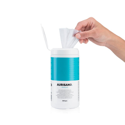 AURISANO Hearing Aid Cleaning Wipes – 100 Hearing Aid Cleaning Wipes in Dispenser Box – Earwax Remover – Hearing Aid Cleaner – Hearing Aid Accessories – for your hearing aid, hearing amplifier or hearing protection