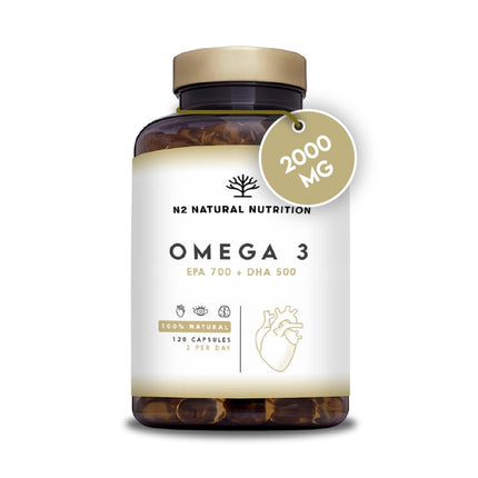 Omega 3 Capsules Highly dosed with 2000 mg fish oil with 700 mg EPA and 500 mg DHA, fish oil with vitamin E and omega 3 fatty acids. 120 softgel capsules of pure marine fish oil from N2 Natural Nutrition
