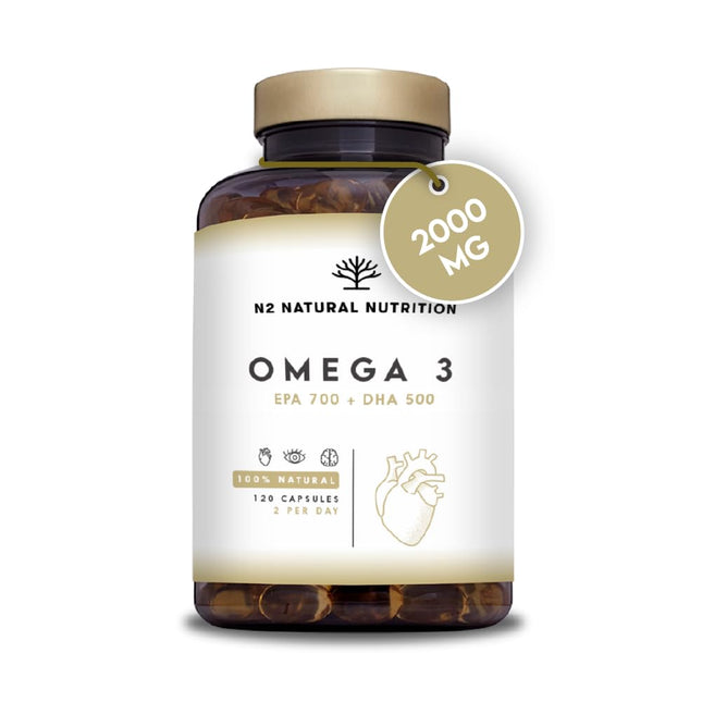 Omega 3 Capsules Highly dosed with 2000 mg fish oil with 700 mg EPA and 500 mg DHA, fish oil with vitamin E and omega 3 fatty acids. 120 softgel capsules of pure marine fish oil from N2 Natural Nutrition