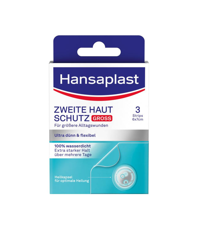 Hansaplast Plaster Second Skin Protection Large (3 Strips), thin and flexible hydrocolloid plaster with healing capsule technology, waterproof wound plaster with extra strong hold for at least 72 hours