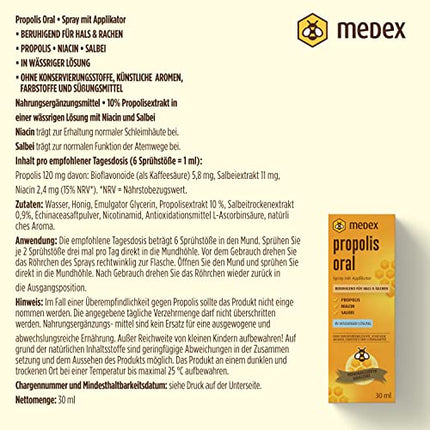 Medex Propolis Oral, propolis spray, mouth and throat spray, water-based, alcohol-free; with honey, sage, niacin, echinacea, standardized bioflavonoids, with applicator, 30 ml
