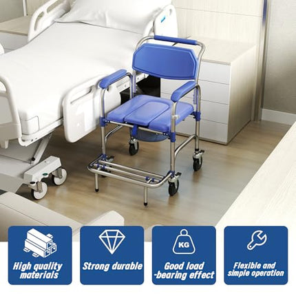 bimiti Foldable Commode Chair for Seniors, Commode Chair with Wheels and Anti-Roll-Over Pedals, Wheelchair with Toilet for Patients, Seniors, Disabled and Pregnant Women, Load Capacity up to 150 kg