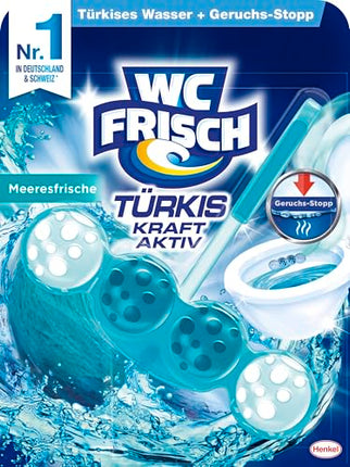 WC-Fresh Power Active Turquoise Rinse Sea Fresh (10-pack), toilet cleaner for visible cleaning with turquoise water, fragrance stones for an intensive toilet fragrance