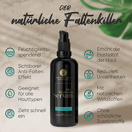 Organic hyaluronic serum with high dosage • 100ml + Vit E &amp; B5 • 7-fold hyaluronic acid serum for the face ✓100% vegan &amp; organic ✓Anti-aging concentrate ✓Anti-wrinkle serum natural cosmetics ✓Made in Germany ✓Hyaluronic acid serum
