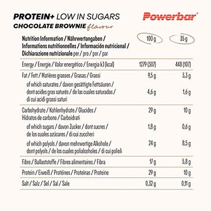 Powerbar - Protein Plus - Low Sugar - Chocolate-Brownie - 30x35g - Bars with only 107 kcal - Fitness bars with fiber