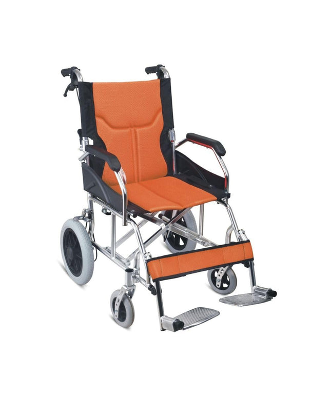 Ultralight folding aluminum wheelchair for transport with safety belt and adjustable backrest, color orange