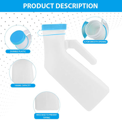 ACWOO Urinal Bottles for Men with Glow-in-the-Dark Lid, 1000ml Men's Bed Bottle Made of Thick Plastic with Screw Lid, Translucent Plastic Urinal Bottle for Travel, Emergency, Bed, Camping