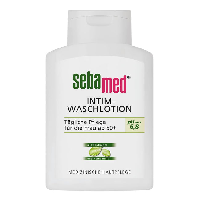 Sebamed Intimate Wash Lotion pH 6.8, from menopause, gently cleanses dryness in the sensitive intimate area and supports natural protection against irritants and moisture balance