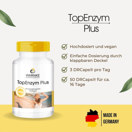 Enzyme Complex - Bromelain, Trypsin, Chymotrypsin, and Rutoside - Topenzym Plus - 50 Capsules | Warnke Vitalstoffe - German Pharmacy Quality
