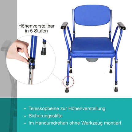 Akriva Commode Chair with Armrests, Height-Adjustable Seat and Backrest for Home Use, Seniors and Care, Blue