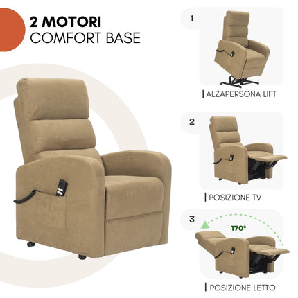 POLTRONE ITALIA Jessica 2 Motors PERSONALIZED recliner chair with medical device 4 wheels micro spring seat fluffy camel