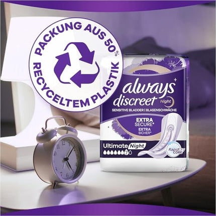 Always Discreet Incontinence Pads Ultimate Night Monthly Pack for Bladder Weakness, 48 ​​Pads (4 Packs x 12)