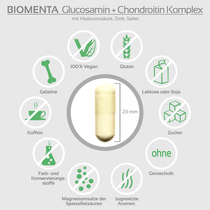 BIOMENTA Glucosamine + Chondroitin Complex - 60 allergen-free high-dose capsules with glucosamine sulfate, high-dose chondroitin sulfate + hyaluronic acid, zinc, selenium - premium quality