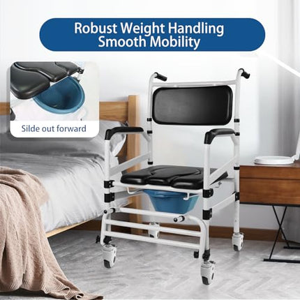 Height-adjustable toilet wheelchair, toilet chair for seniors with wheels, shower wheelchair, bedside chair for seniors, shower chair with wheels for the disabled, mobile toilet chair with arms (black)