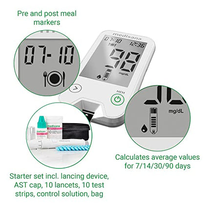 Medisana MediTouch 2 mg/dL blood glucose meter, starter set with test strips for diabetics, lancets for blood glucose monitoring, diabetes set, rapid test