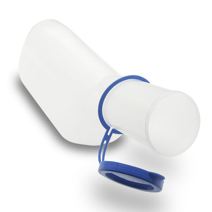 Urinal bottle for men, 1000 ml, translucent polypropylene urine bottle with blue lid, square, milky with cap, urine collection container for men, home care, hospital, travel