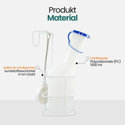 Hygiene100 Urinal Set (1000 ml Urinal + Bed Holder with Lid), Durable Translucent PP Urinal with Cap, Easy-to-Read Measuring Lines, Portable for Travel