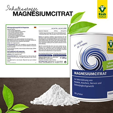 Raab Vitalfood® Magnesium Citrate Powder (200 g) - 100% magnesium citrate without additives, easy to dose, ideal for athletes - for muscles, nerves, electrolyte balance - laboratory-tested, vegan