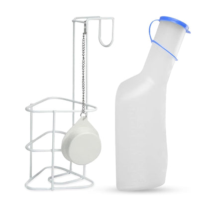 Urine bottle set with bed holder (urine bottles 1000 ml + bed holder with lid), durable translucent PP urine bottle with cap, easy-to-read measuring lines, portable for travel