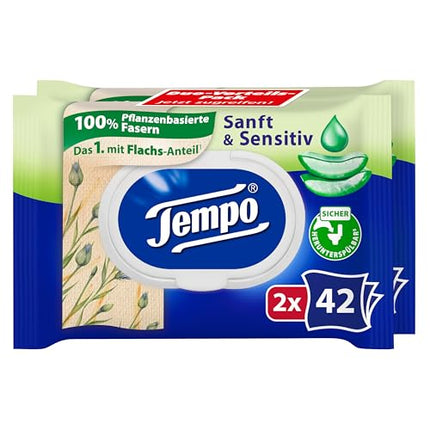 Tempo Moist Toilet Wipes "Gentle &amp; Sensitive" - ​​Megapack - 16 packs of 42 wipes each - Duo Packs - Natural Aloe Vera - Toilet paper, dermatologically tested, pH skin-neutral