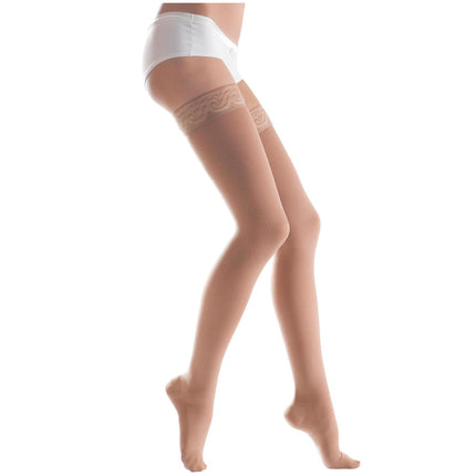 Lauma Medical® compression stockings with silicone lace band for women, class 2, closed toe, thigh-high stockings varicose veins, frequent swelling in legs.
