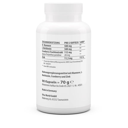 vitaworld Cranberry + D-Mannose, 25% proanthocyanidins from cranberries, 500 mg D-Mannose and L-Methionine per daily intake, Vegan, 90 Capsules