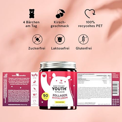 Collagen &amp; Hyaluronic Acid Gummies – Beauty complex with 2500 mg VERISOL® Collagen - Coenzyme Q10 - Vitamins C and E for natural skin care – 90 pieces – Sugar-free – Bears with Benefits
