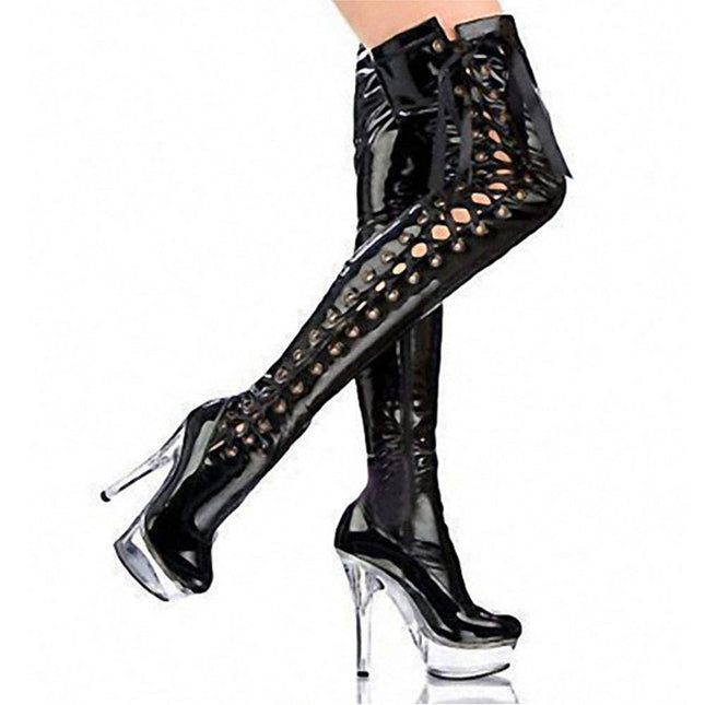 HOMDREAM High Heels 15CM Stretch Overknee Boots Catwalk Ribbon High Heel Stage Boots,Black-45