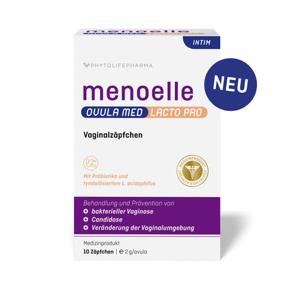 menoelle® OVULA med Lacto Pro. For bacterial vaginosis, vaginal yeast infections, inflamed mucous membranes, and vaginal dryness. With lactic acid, probiotics, and a care complex. Hormone-free. 10 suppositories.