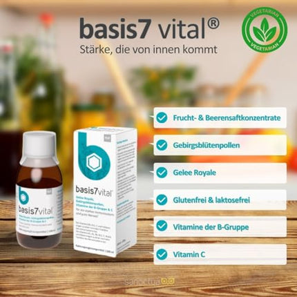 basis 7 vital to strengthen the immune system and nervous system by sanoctua, natural immune treatment for drinking with royal jelly, valuable vitamins and minerals, 100ml