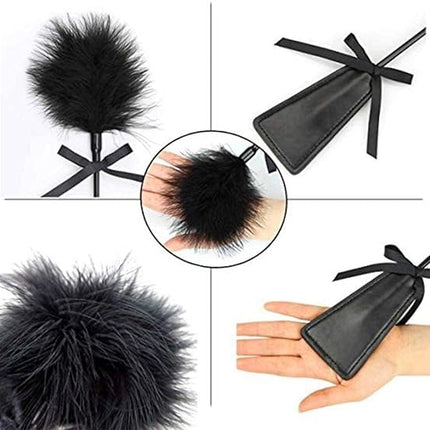 Erotic play satin black and white eye mask blindfold with feather tickler love feather, leather slapper hand spanking paddle BDSM fetish bondage set sex toy for couples SM
