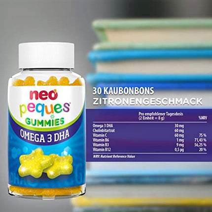 NEO PEQUES Peques | Omega 3 and DHA Gummies for Children | Lemon Flavor | 30 Units | Promotes Memory | Gummies with Choline and B Vitamins | For Children 3 Years and Older