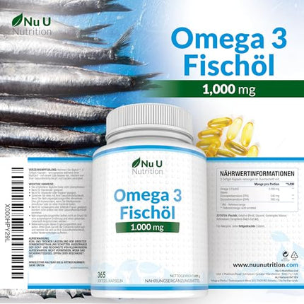 Omega 3 Fish Oil 1000mg - 365 Capsules High Dose - 900mg EPA &amp; DHA per dose in triglyceride form - Pure Fish Oil from Sustainable Fishing - Essential Omega 3 Fatty Acids - Nu U Nutrition