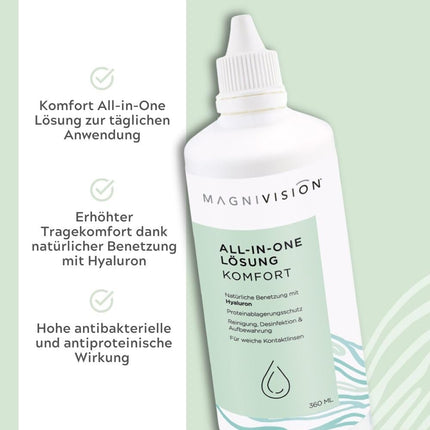 MAGNIVISION All-in-One Solution Comfort, 100ml (travel size) for soft contact lenses, for cleaning and storing soft contact lenses, borate-free, Made in Europe