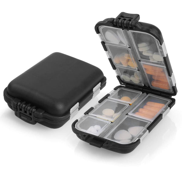 AOOWU 7-day pill box, 10-compartment pill box, small, handy medicine box with large separate compartments for medications, vitamins, fish oil, etc., pill dispenser for travel and daily use (black)