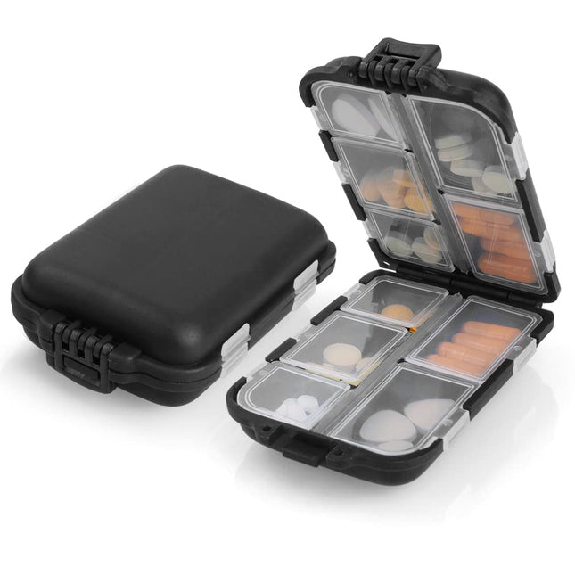 AOOWU 7-day pill box, 10-compartment pill box, small, handy medicine box with large separate compartments for medications, vitamins, fish oil, etc., pill dispenser for travel and daily use (black)