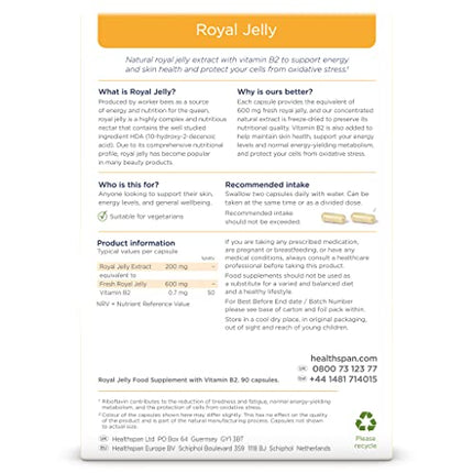 Healthspan Royal Jelly 600 mg | Reduces tiredness and fatigue | Nutritious nectar | Added vitamin B2 | Contains at least 6% HDA | Vegetarian | 90 Capsules