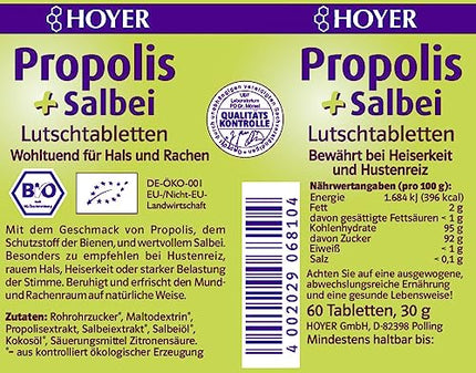 Hoyer Propolis &amp; Sage Lozenges Organic - Soothing for coughs and hoarseness - With propolis extract and sage extract - 60 lozenges (1 x 30 g)