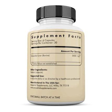Grass-fed beef liver capsules by Ancestral Supplements, full-spectrum nutrition, rich in B vitamins, iron &amp; magnesium - 180 capsules - 500 mg